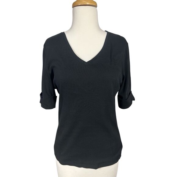 Lauren Ralph Lauren Tops - Lauren Ralph Lauren Stretch Cotton Elbow Sleeve V-Neck Tee Black Sz M